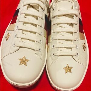 Used Gucci Ace Embroidered 'Bees and Stars' White Leather(Men Size 8 Sneakers)